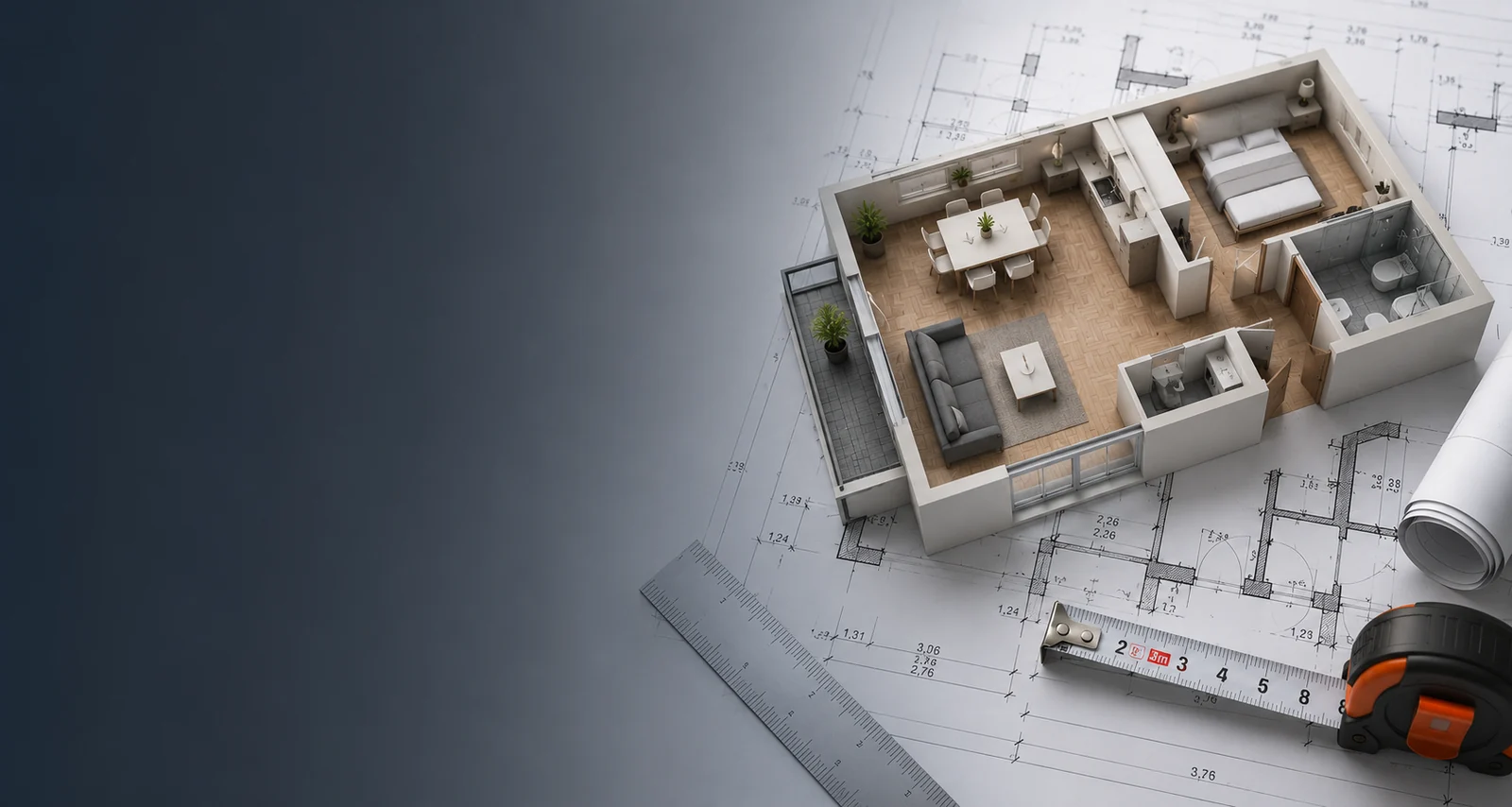 3D-Modell einer Wohnung mit Wohnzimmer, Schlafzimmer, Küche, Bad und Balkon, aufgestellt auf bemaßten Bauzeichnungen, daneben ein Maßstab und ein Bandmaß