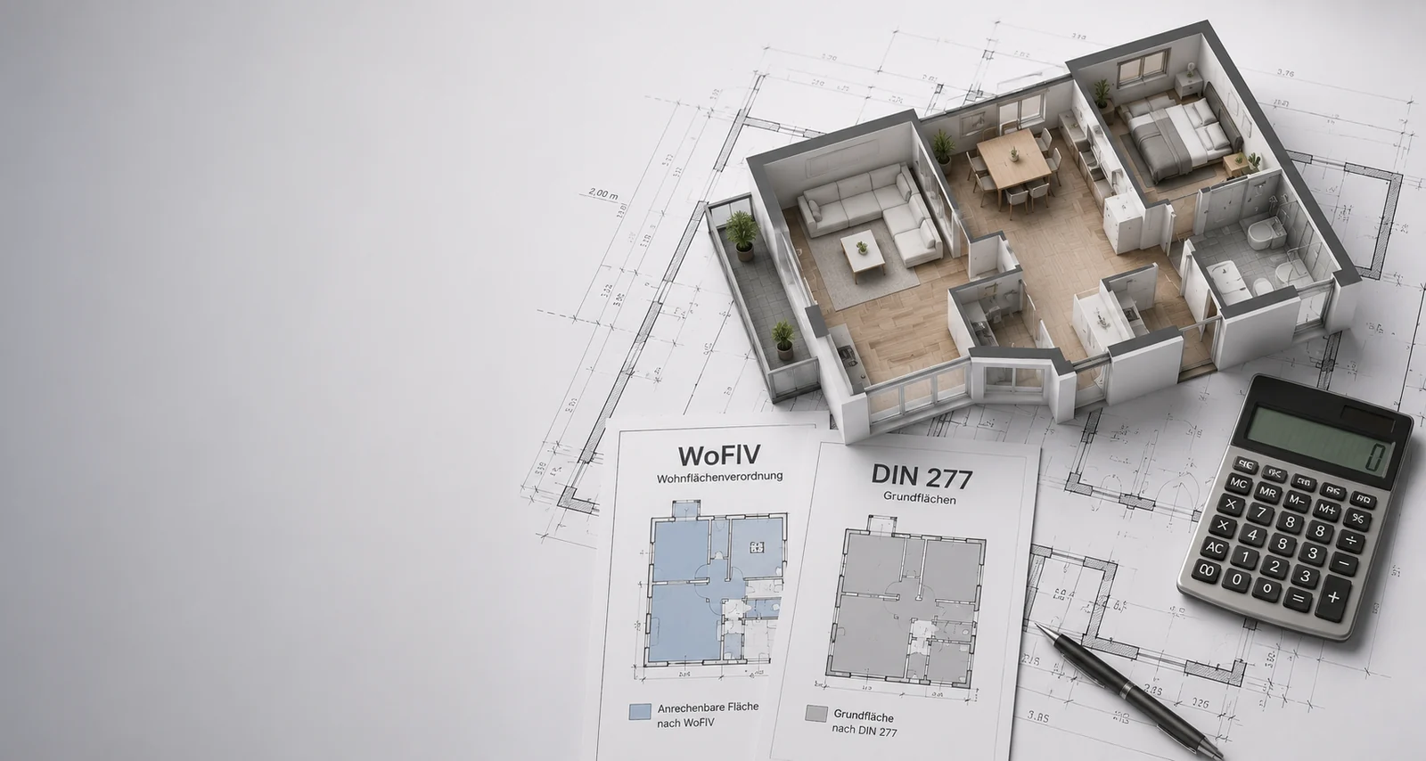 Zwei gegenübergestellte Grundrissblätter — eines mit blau markierter anrechenbarer Fläche nach WoFlV, eines mit grau markierter Grundfläche nach DIN 277 — daneben ein 3D-Wohnungsmodell, Taschenrechner und Stift auf Bauzeichnungen